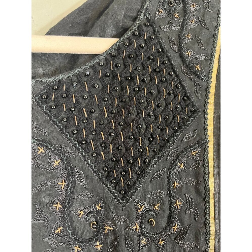 Vintage Kaftan Abaya Metallic Beaded Dress M Black Sheer 80s Moroccan Modest - Picture 2 of 14